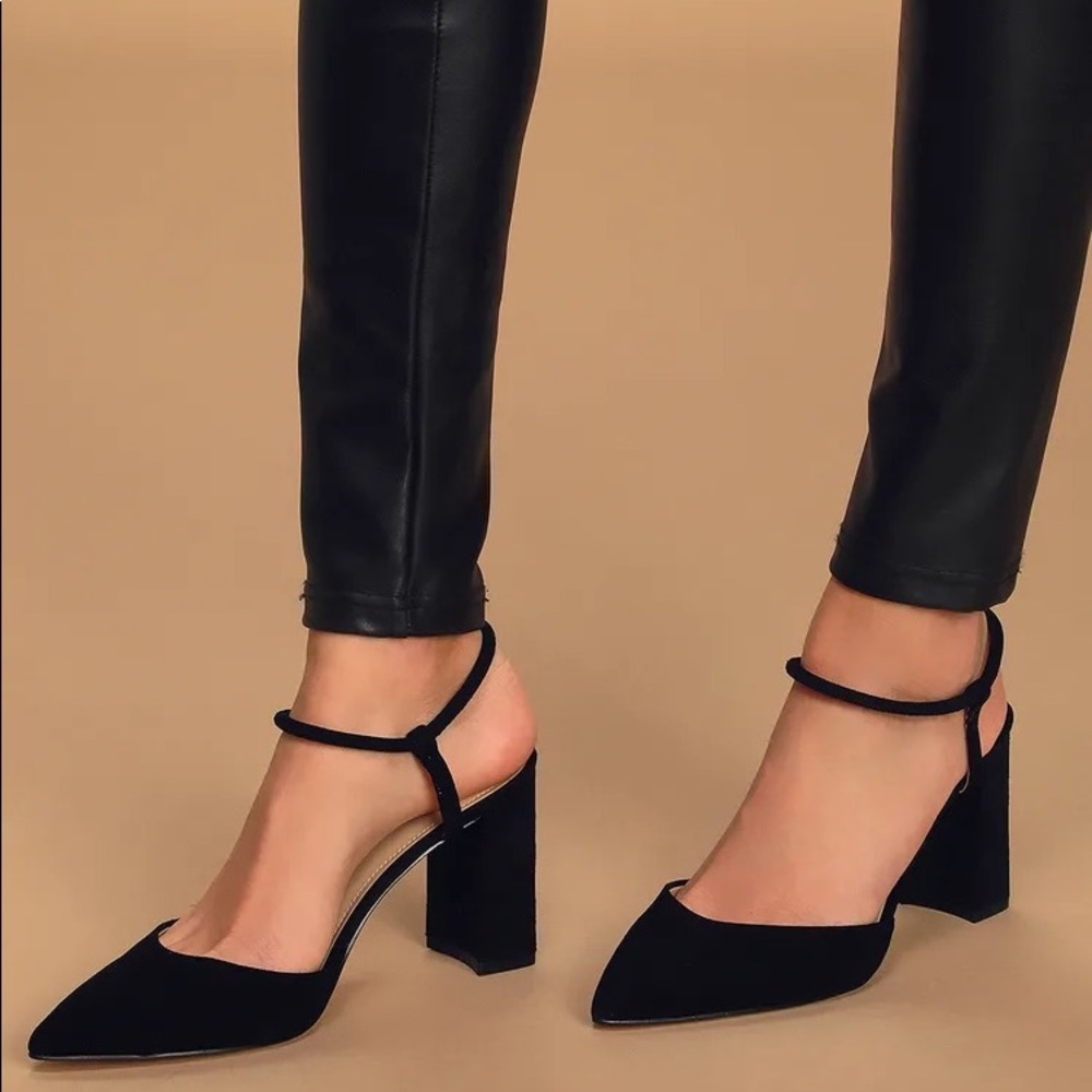 Velise Black Suede Leather Pointed-Toe Ankle Strap Pumps